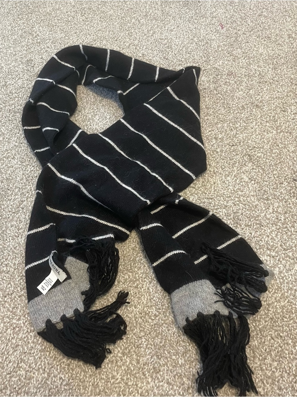 Merona Rabbit Hair Blend Black White Gray Striped Fringe Scarf